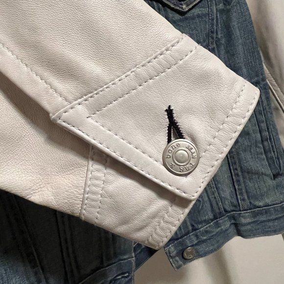 rag & bone/JEAN for Intermix White Leather Sleeve Distressed Jean Jacket S - Picture 5 of 11